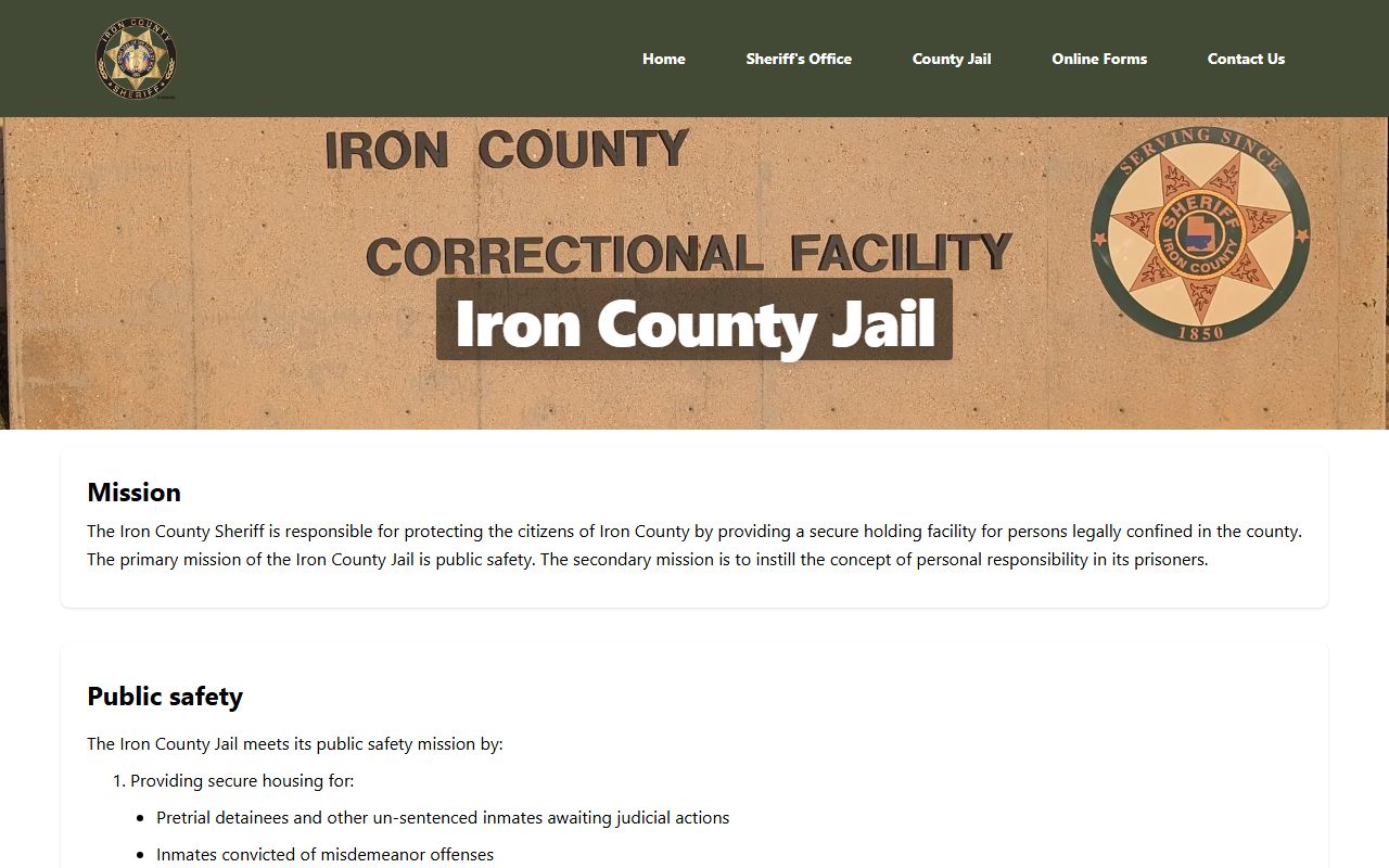 Iron County Jail information page for busted mugshots