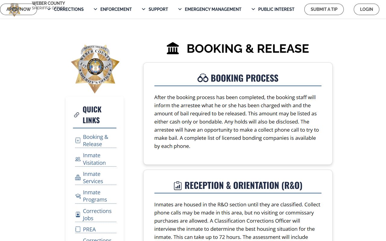 Weber County booking process page for busted mugshots records