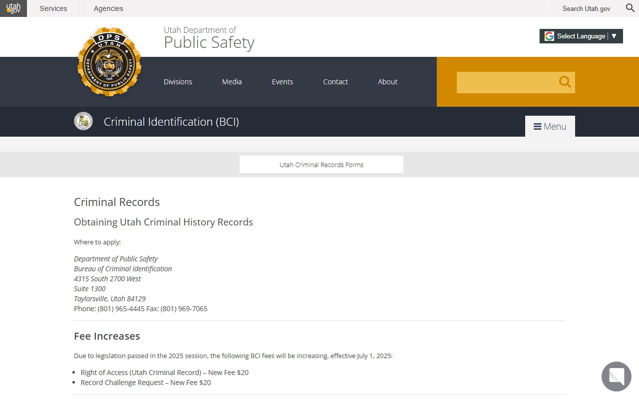 Utah BCI criminal records page for obtaining busted mugshots and arrest history