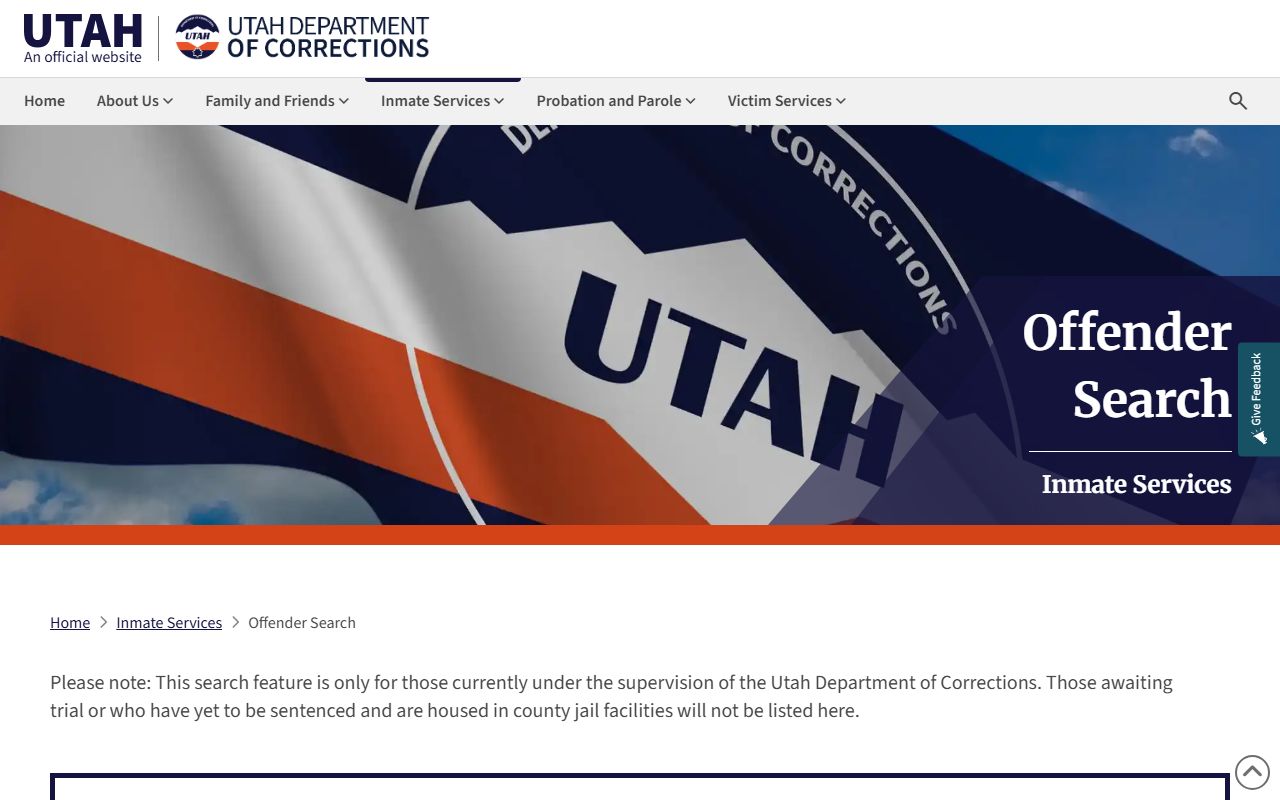 Utah Department of Corrections offender search tool for busted mugshots lookup