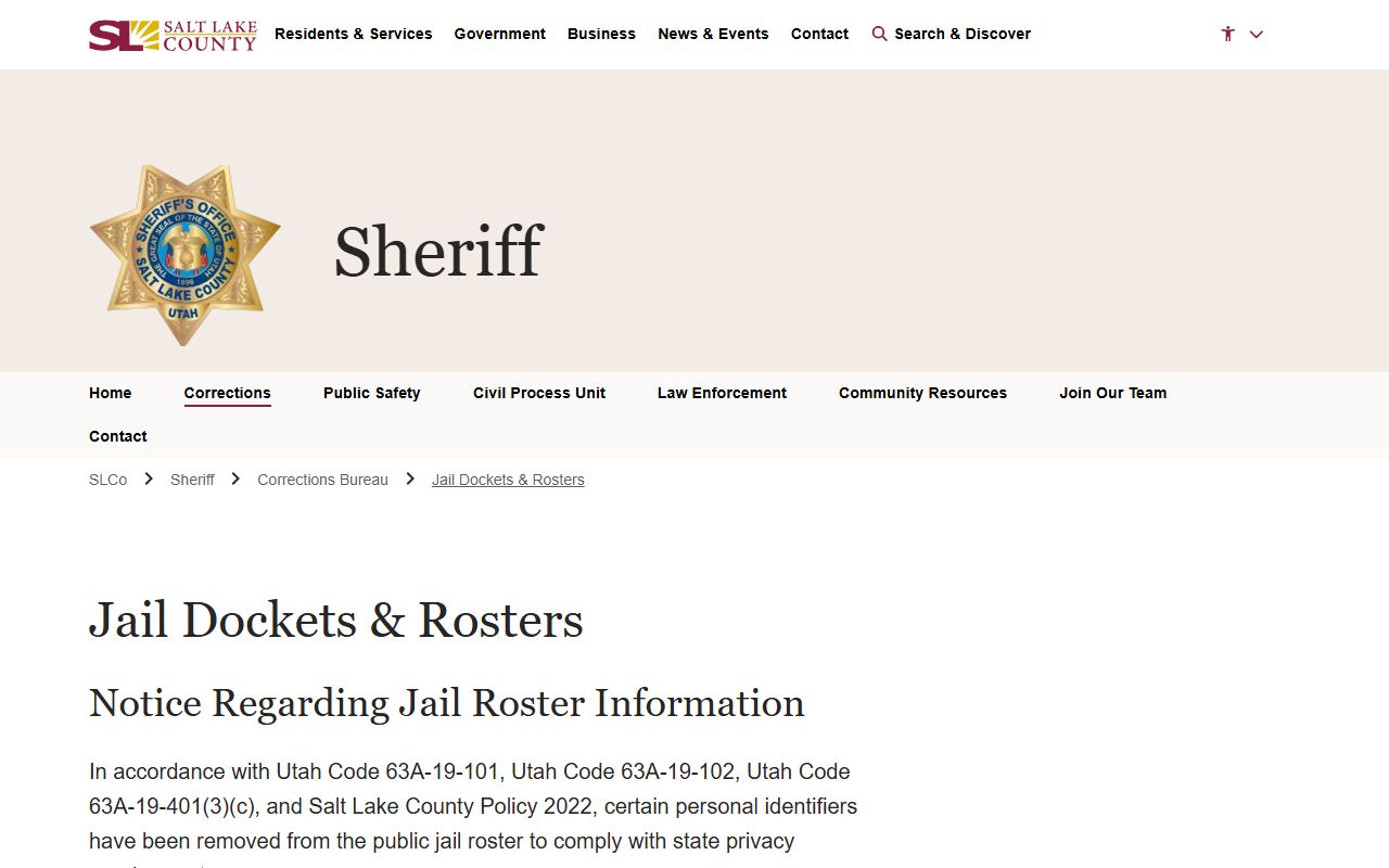 Salt Lake County corrections bureau docket files for Utah busted mugshots