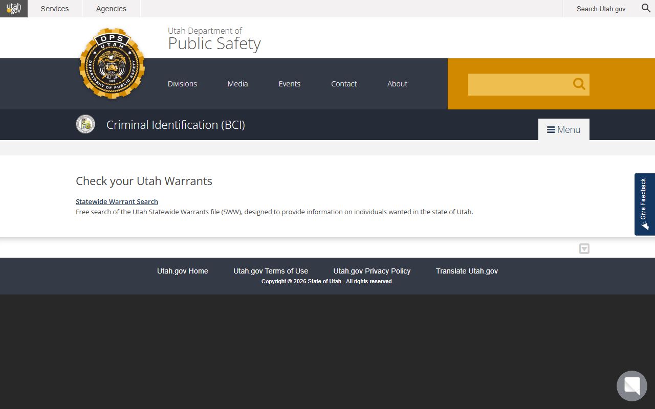 Utah statewide warrant search page for checking busted mugshots warrants