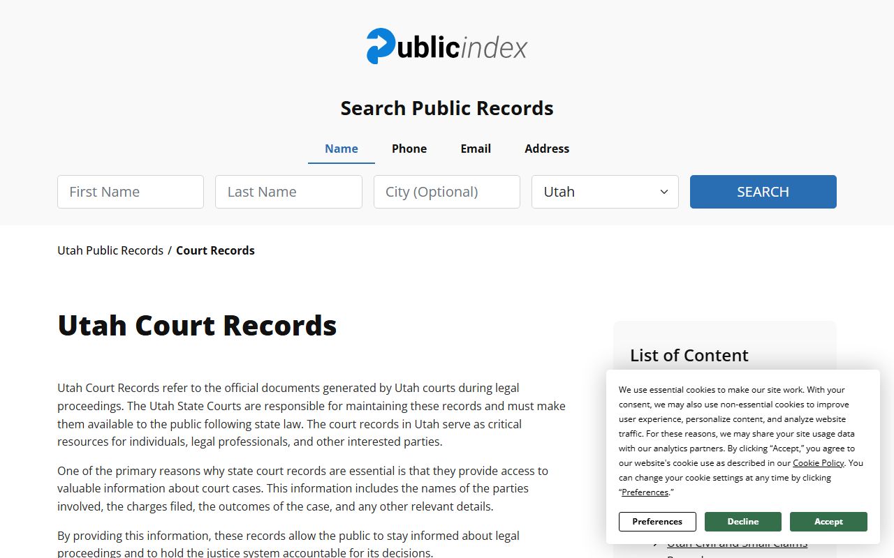 Utah Courts XChange system for searching busted mugshots court records